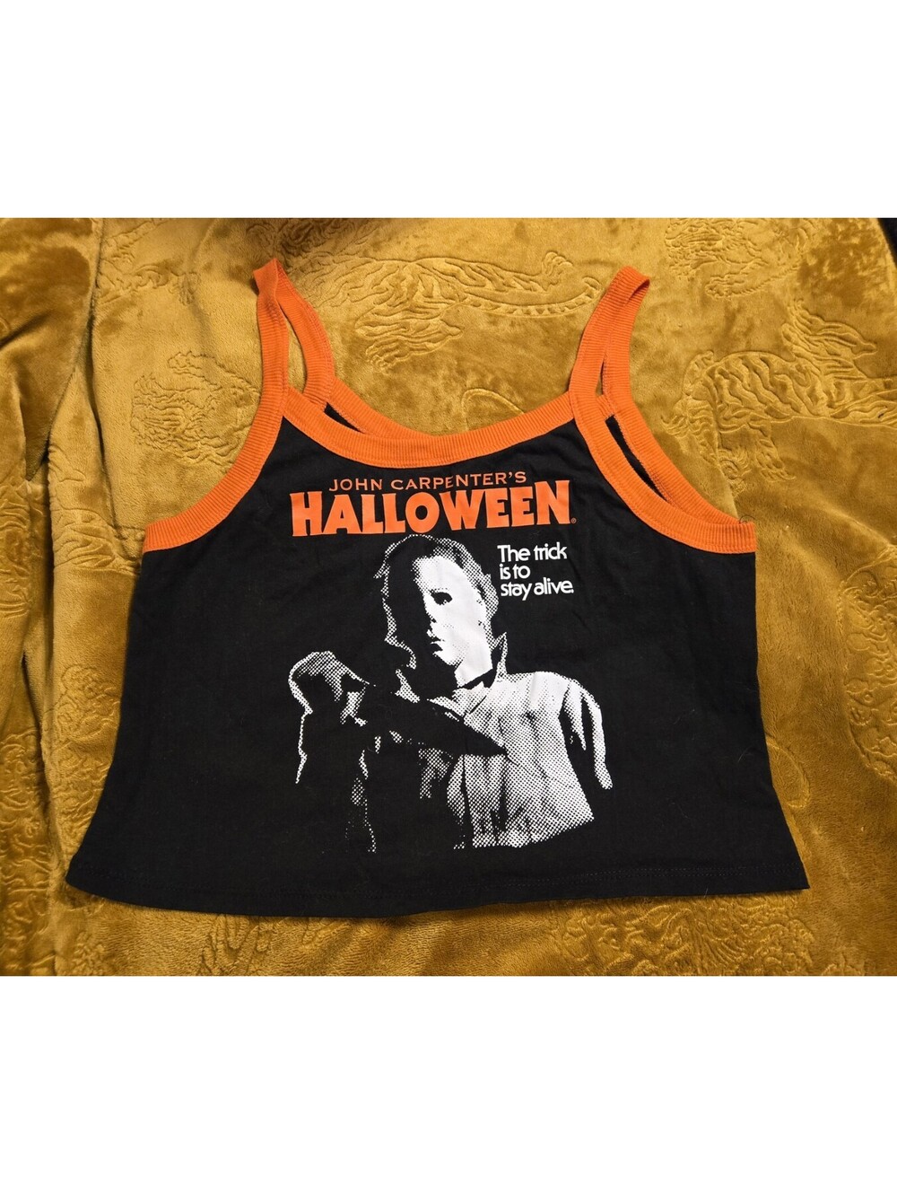Hot Topic Halloween Michael Myers Crop Tank Top Cami Orange Trim Women's Sz L